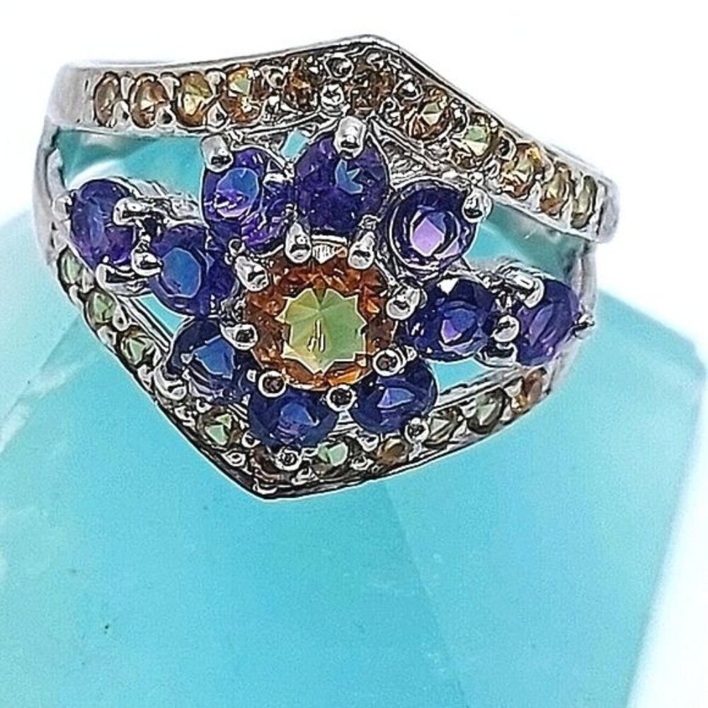 Natural Citrine 5mm, Amethyst, Sapphire 925 Sterling Silver Ring Size‎ 7.5